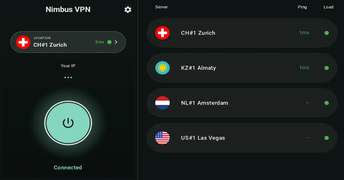 Hızlı bağlantı, sunucu seçimi ve protokol kontrollerini gösteren NimbusVPN Android arayüzü.