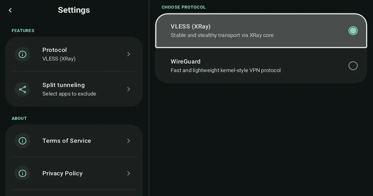 Android için optimize edilmiş XRay, VLESS ve WireGuard protokolleri için NimbusVPN bağlantı yığını.